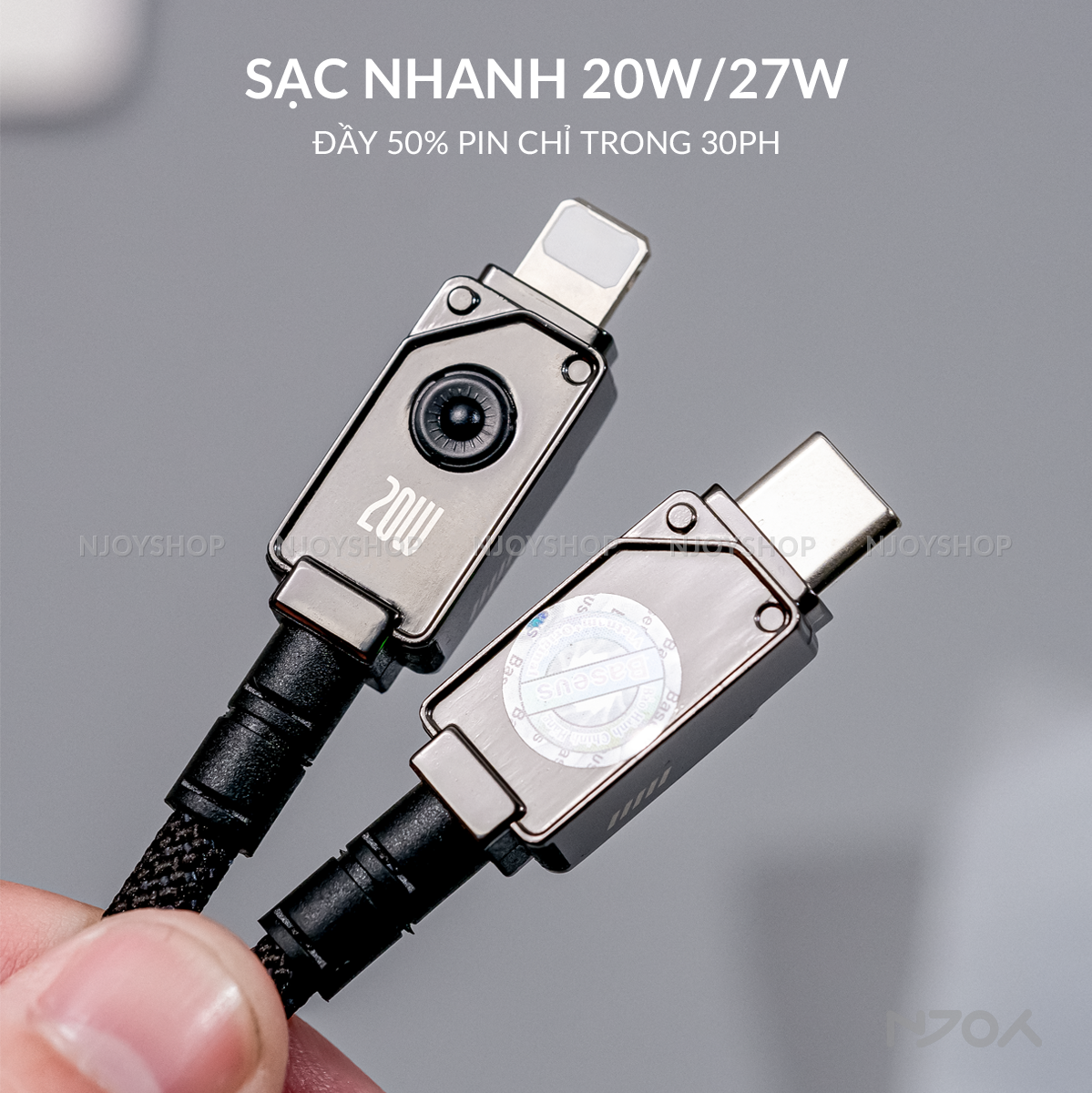 Cáp Sạc Nhanh Baseus 20W Có Đèn Led Dây Bện Chống Đứt Gãy Dài 1m 2m Cho iPhone 11 12 13 14 Pro Max