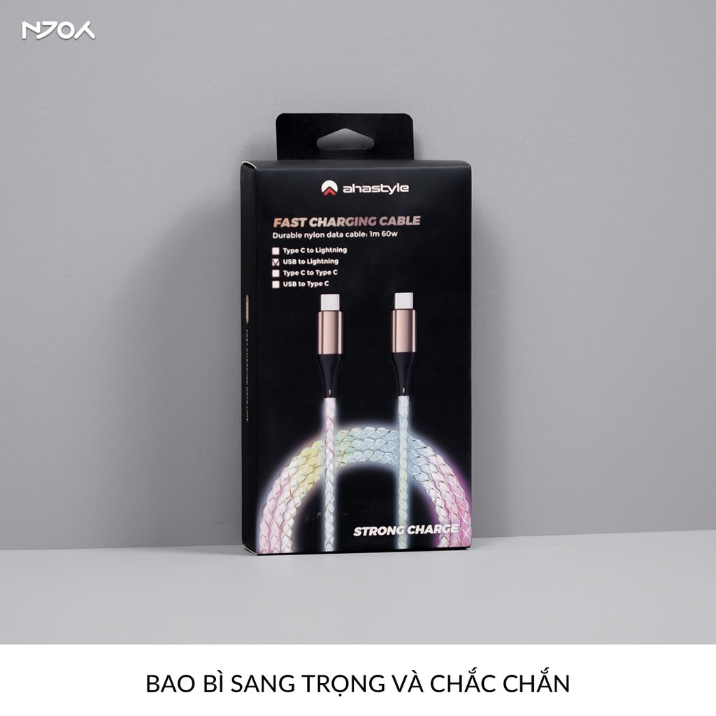 Cáp Sạc Nhanh Ahastyle 20W 60W Có Đèn RGB Phát Sáng Cho iPhone Samsung iPad Oppo