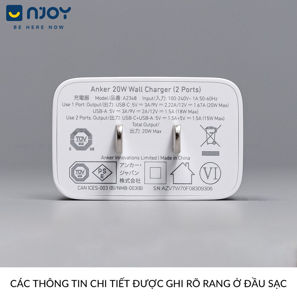 Củ Sạc Nhanh Anker 20W 2 Cổng Sạc Type C Usb Nhỏ Gọn Cho Điện Thoại iPhone 16 Pro Max 15 14 13 12