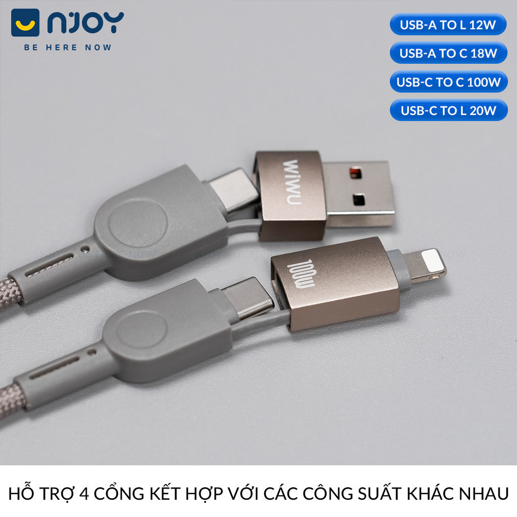 Cáp Sạc Đa Năng Wiwu 4 in 1 100W Chống Đứt Gãy Cho Điện Thoại iPhone Samsung Laptop Macbook iPad