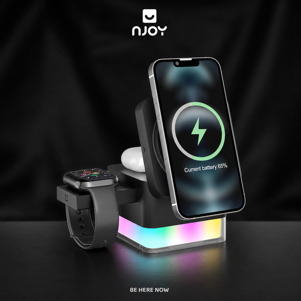 Đế Sạc Magsafe 3 Trong 1 15W Có Led RGB Cho Điện Thoại iPhone Đồng Hồ Apple Watch Tai Nghe Airpods