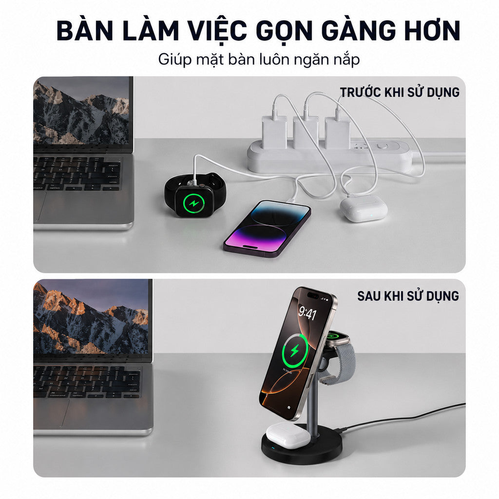 Bộ Sạc Magsafe 3 in 1 Chuẩn Qi2 Cho Điện Thoại iPhone Tai Nghe Airpods Đồng Hồ Apple Watch