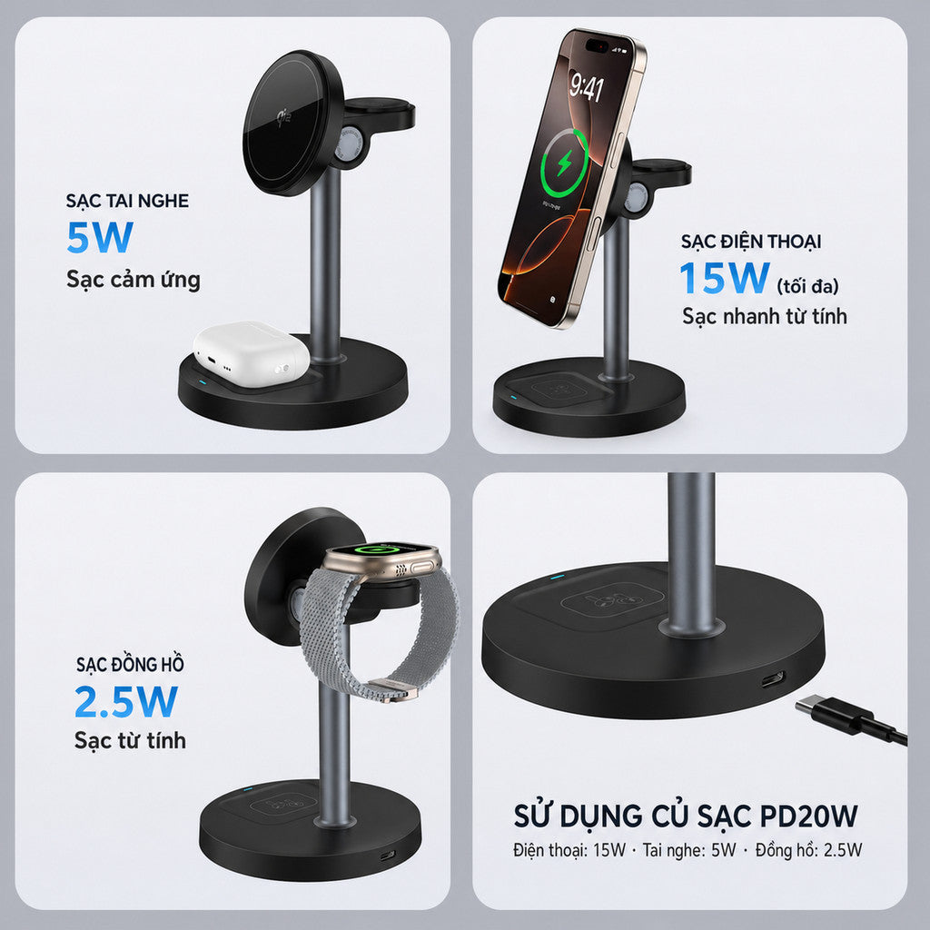 Bộ Sạc Magsafe 3 in 1 Chuẩn Qi2 Cho Điện Thoại iPhone Tai Nghe Airpods Đồng Hồ Apple Watch
