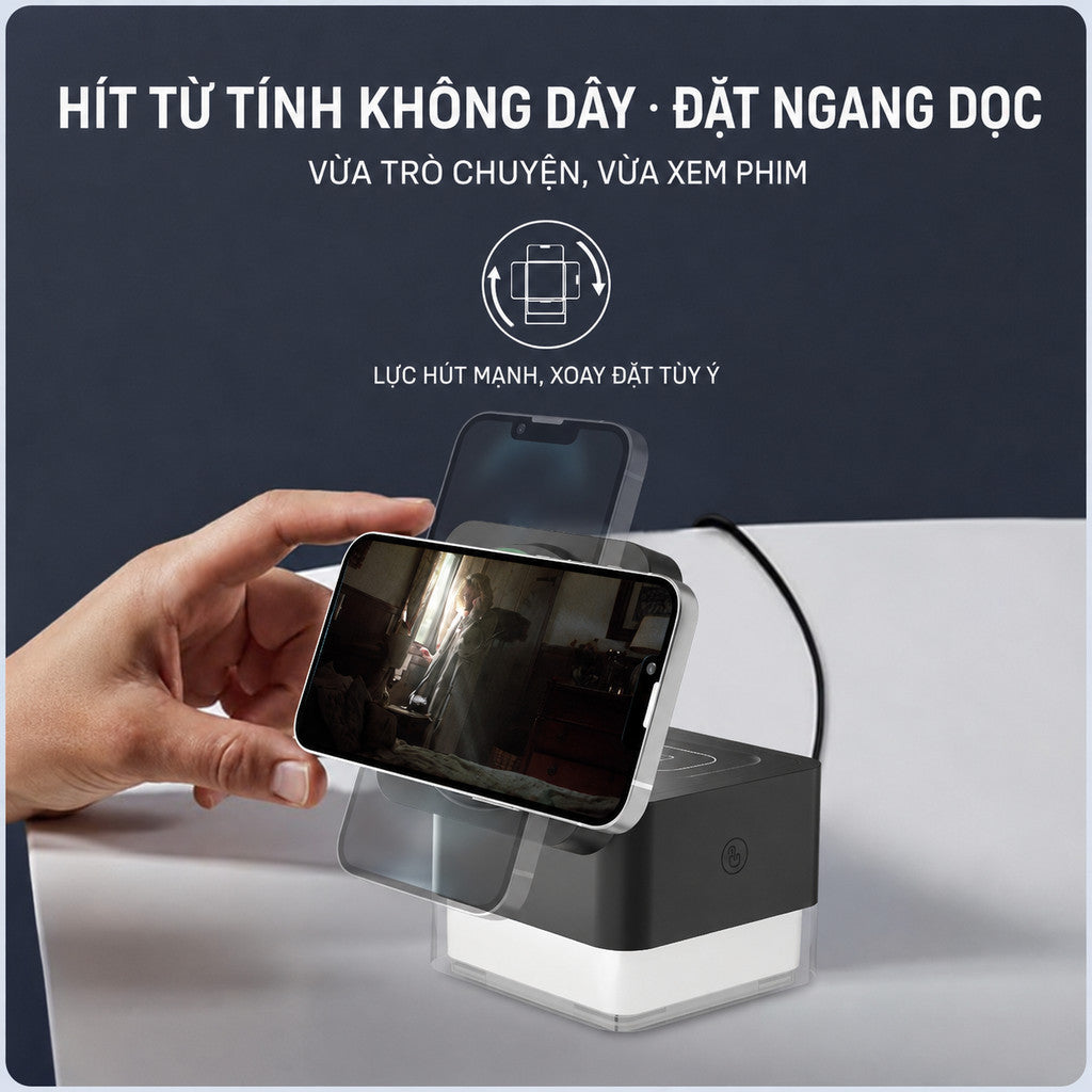 Đế Sạc Magsafe 3 Trong 1 15W Có Led RGB Cho Điện Thoại iPhone Đồng Hồ Apple Watch Tai Nghe Airpods