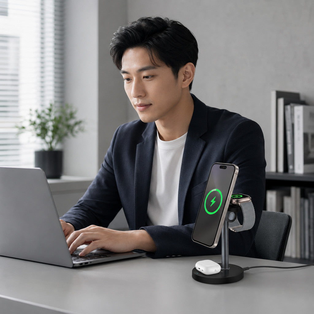 Bộ Sạc Magsafe 3 in 1 Chuẩn Qi2 Cho Điện Thoại iPhone Tai Nghe Airpods Đồng Hồ Apple Watch