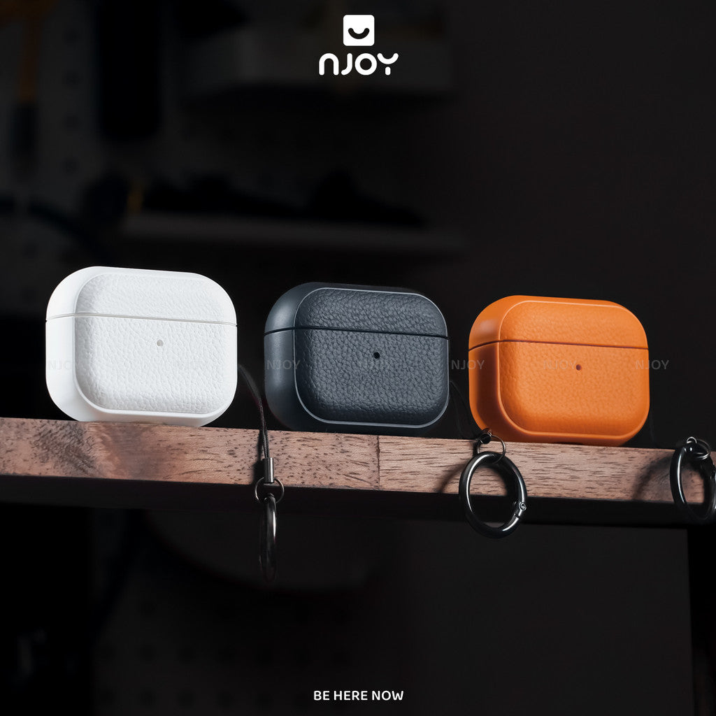 Ốp Da Vân Nổi Cao Cấp Chống Vân Tay Kèm Móc Khoá Cho Tai Nghe Airpods Pro 3 Pro 2 Airpods 4 Njoy