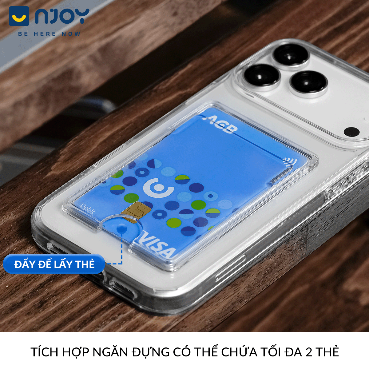 Ốp Lưng Trong Suốt Njoy Đựng Thẻ Bảo Vệ Camera Chống Sốc Cho iPhone 17 Pro Max 16 15 14 13 12