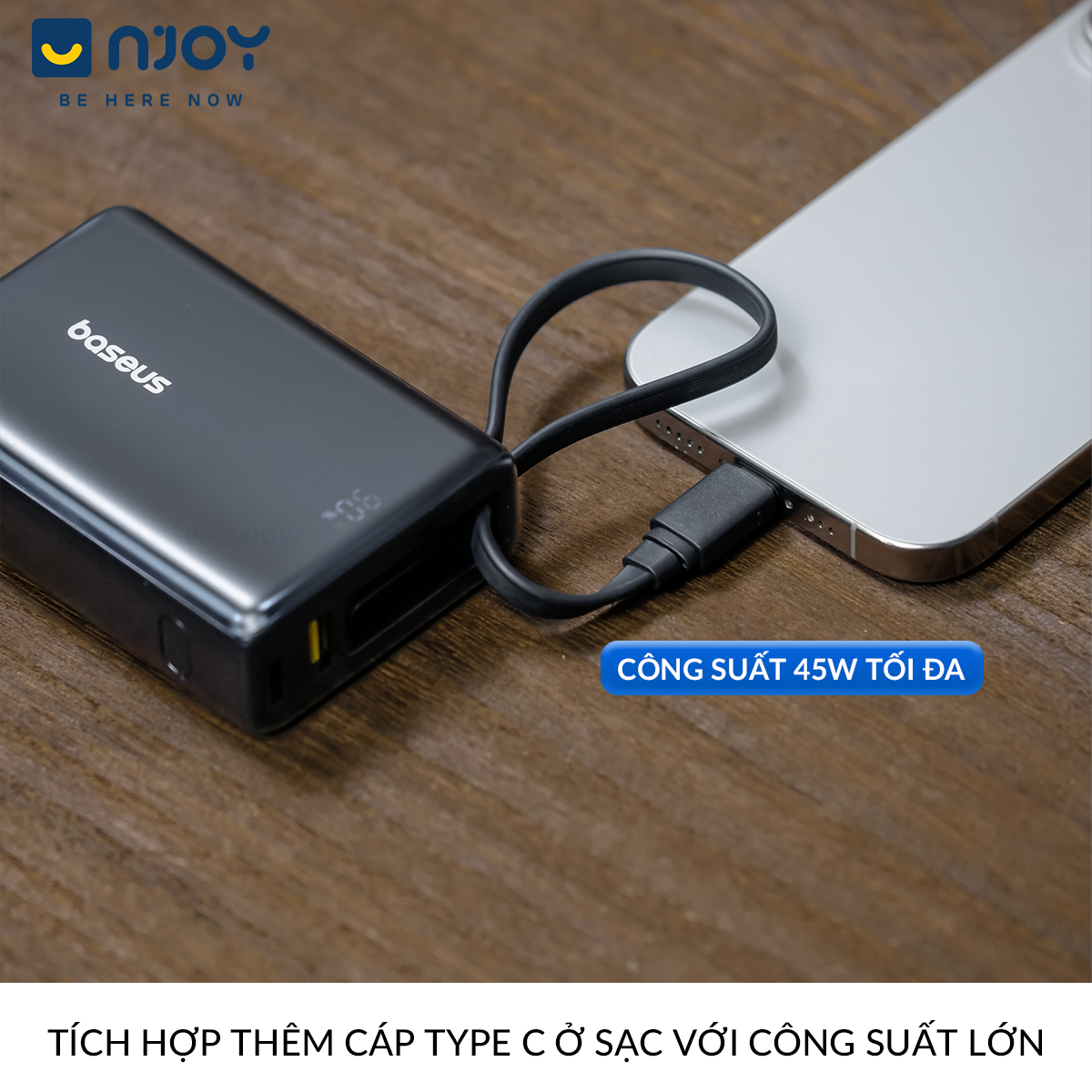 Sạc Dự Phòng Baseus 10000mAh Tích Hợp Cáp Type C QC PD 45W Cho Điện Thoại iPhone 17 Pro Max 15 14 13