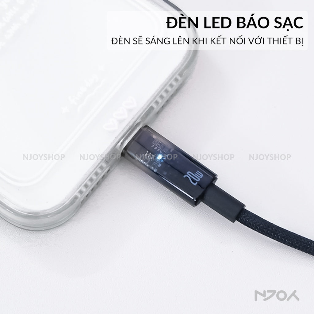 Dây Cáp Sạc Tự Ngắt Baseus 20W Có Đèn Led Dài 1m 2m Cho Điện Thoại iPhone 14 Pro Max 13 12 11 Xsmax