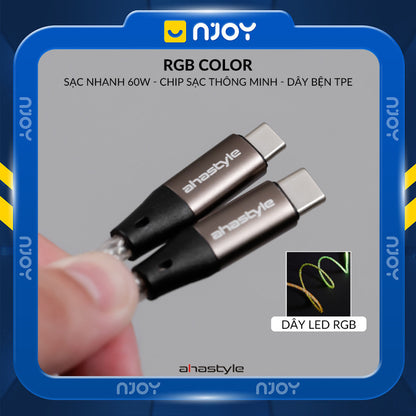 Cáp Sạc Nhanh Ahastyle 20W 60W Có Đèn RGB Phát Sáng Cho iPhone Samsung iPad Oppo