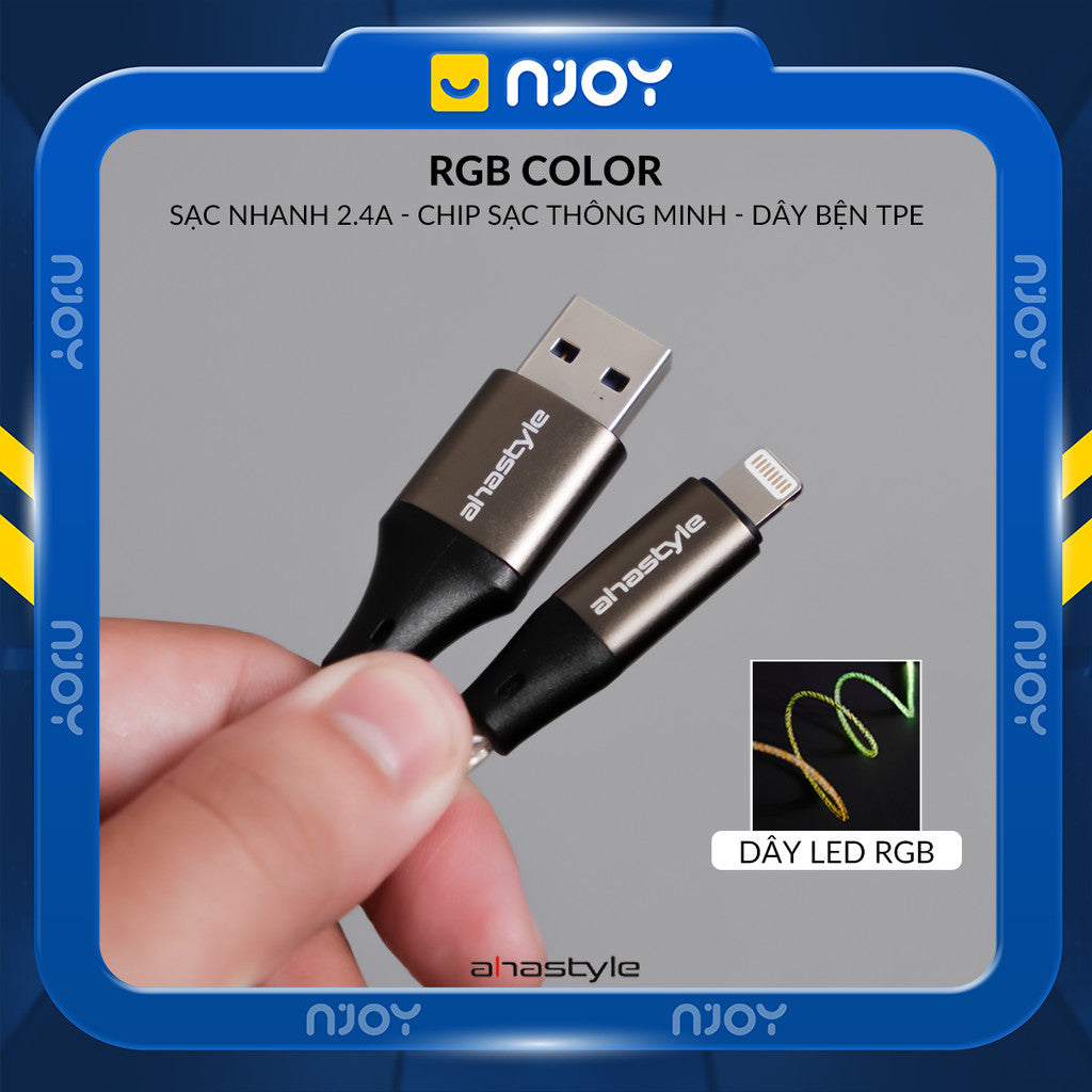 Cáp Sạc Nhanh Ahastyle 20W 60W Có Đèn RGB Phát Sáng Cho iPhone Samsung iPad Oppo