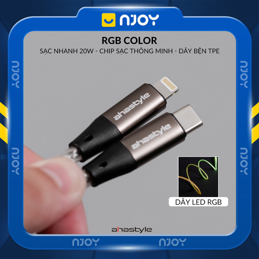 Cáp Sạc Nhanh Ahastyle 20W 60W Có Đèn RGB Phát Sáng Cho iPhone Samsung iPad Oppo