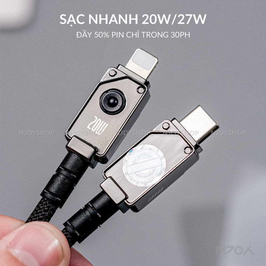 Cáp Sạc Nhanh Baseus 20W Có Đèn Led Dây Bện Chống Đứt Gãy Dài 1m 2m Cho iPhone 11 12 13 14 Pro Max