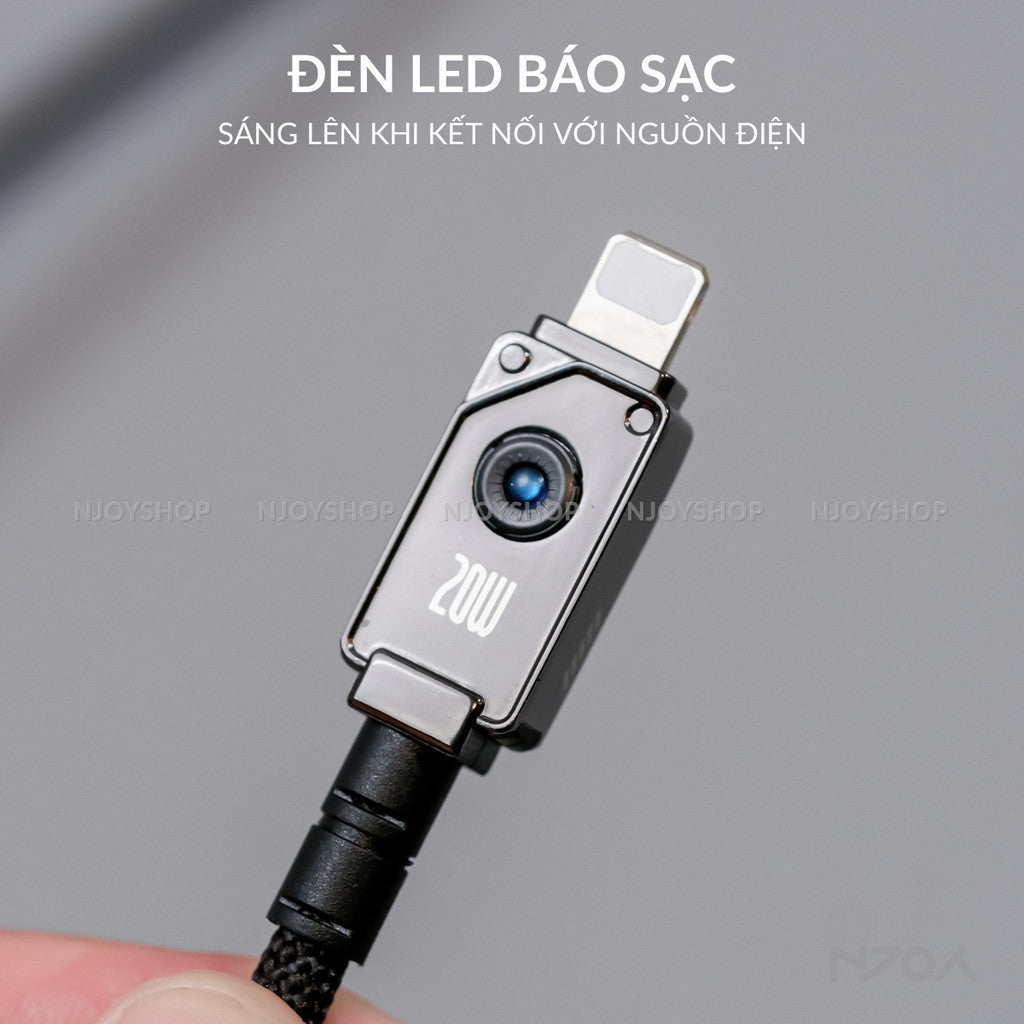 Cáp Sạc Nhanh Baseus 20W Có Đèn Led Dây Bện Chống Đứt Gãy Dài 1m 2m Cho iPhone 11 12 13 14 Pro Max