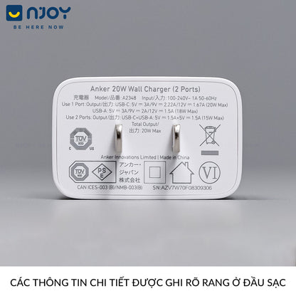 Củ Sạc Nhanh Anker 20W 2 Cổng Sạc Type C Usb Nhỏ Gọn Cho Điện Thoại iPhone 16 Pro Max 15 14 13 12