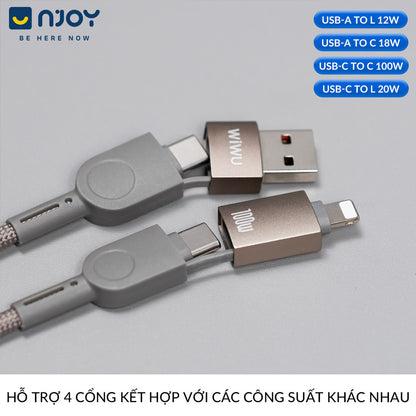 Cáp Sạc Đa Năng Wiwu 4 in 1 100W Chống Đứt Gãy Cho Điện Thoại iPhone Samsung Laptop Macbook iPad