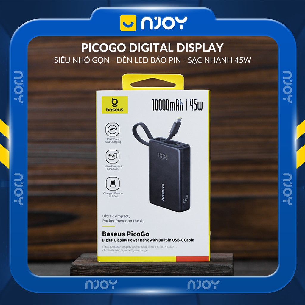 Sạc Dự Phòng Baseus 10000mAh Tích Hợp Cáp Type C QC PD 45W Cho Điện Thoại iPhone 17 Pro Max 15 14 13