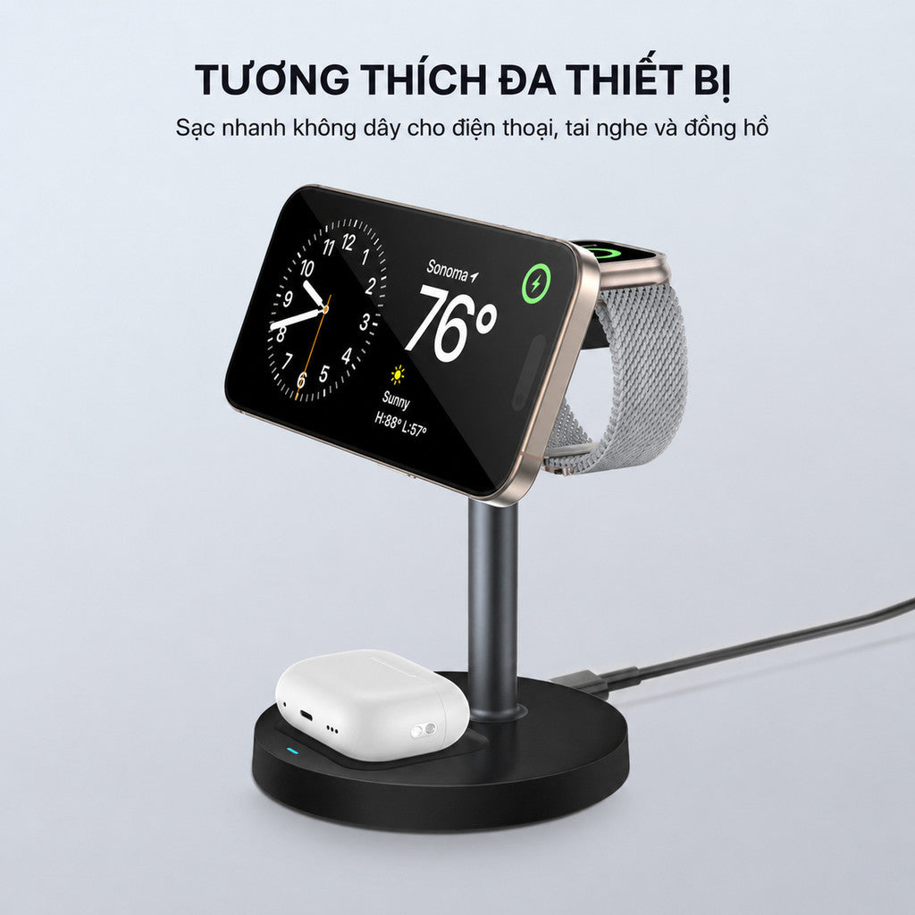 Bộ Sạc Magsafe 3 in 1 Chuẩn Qi2 Cho Điện Thoại iPhone Tai Nghe Airpods Đồng Hồ Apple Watch