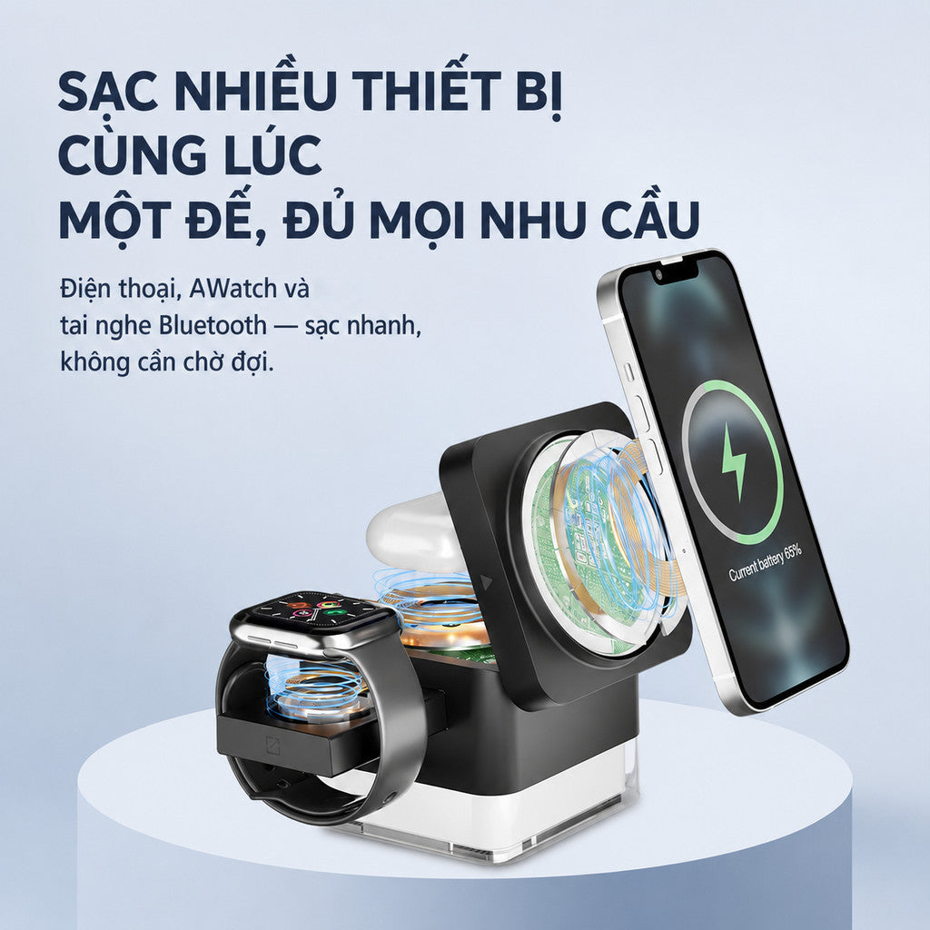 Đế Sạc Magsafe 3 Trong 1 15W Có Led RGB Cho Điện Thoại iPhone Đồng Hồ Apple Watch Tai Nghe Airpods