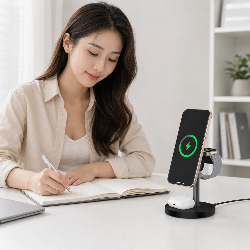 Bộ Sạc Magsafe 3 in 1 Chuẩn Qi2 Cho Điện Thoại iPhone Tai Nghe Airpods Đồng Hồ Apple Watch