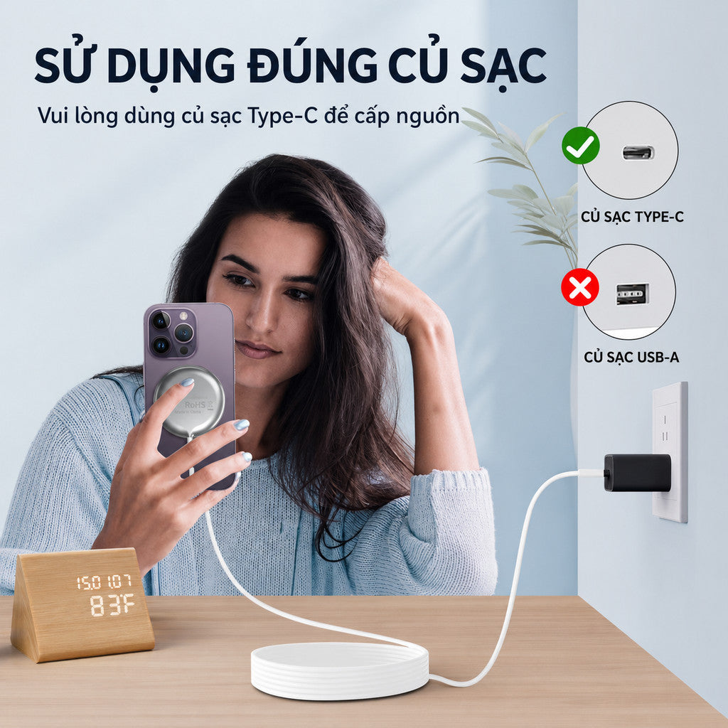 Đế Sạc Không Dây Chuẩn Qi2 Sạc Nhanh 15W Cho Điện Thoại iPhone 17 Pro Max 16 15 14 13 Airpods