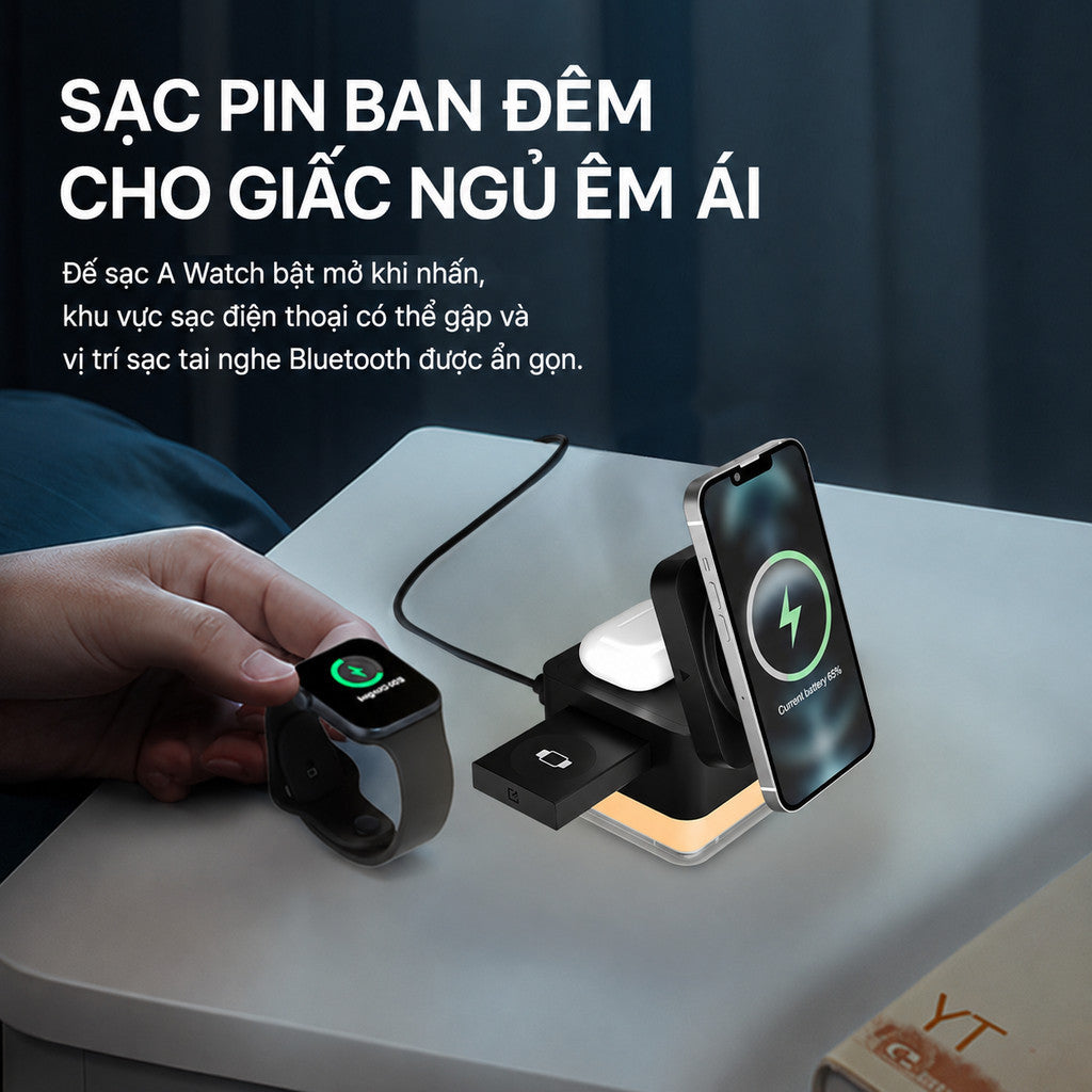 Đế Sạc Magsafe 3 Trong 1 15W Có Led RGB Cho Điện Thoại iPhone Đồng Hồ Apple Watch Tai Nghe Airpods