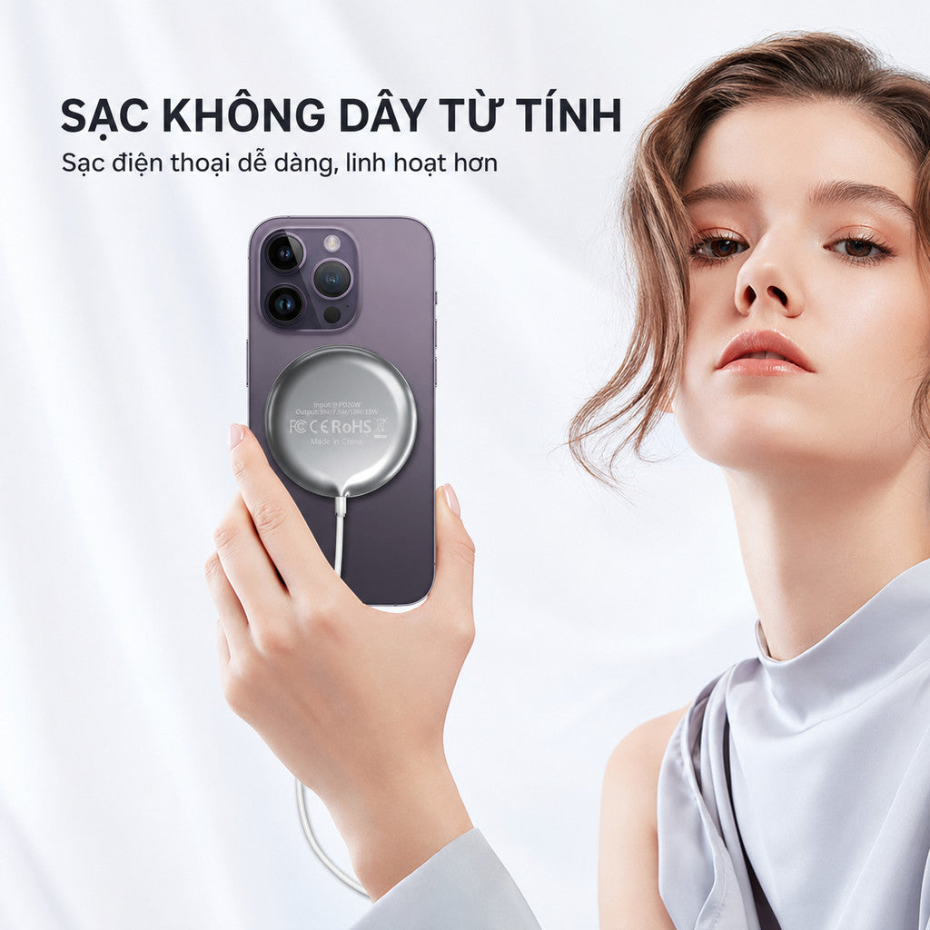 Đế Sạc Không Dây Chuẩn Qi2 Sạc Nhanh 15W Cho Điện Thoại iPhone 17 Pro Max 16 15 14 13 Airpods