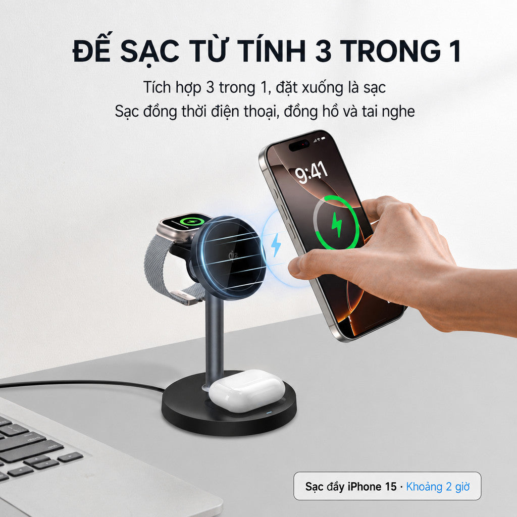 Bộ Sạc Magsafe 3 in 1 Chuẩn Qi2 Cho Điện Thoại iPhone Tai Nghe Airpods Đồng Hồ Apple Watch