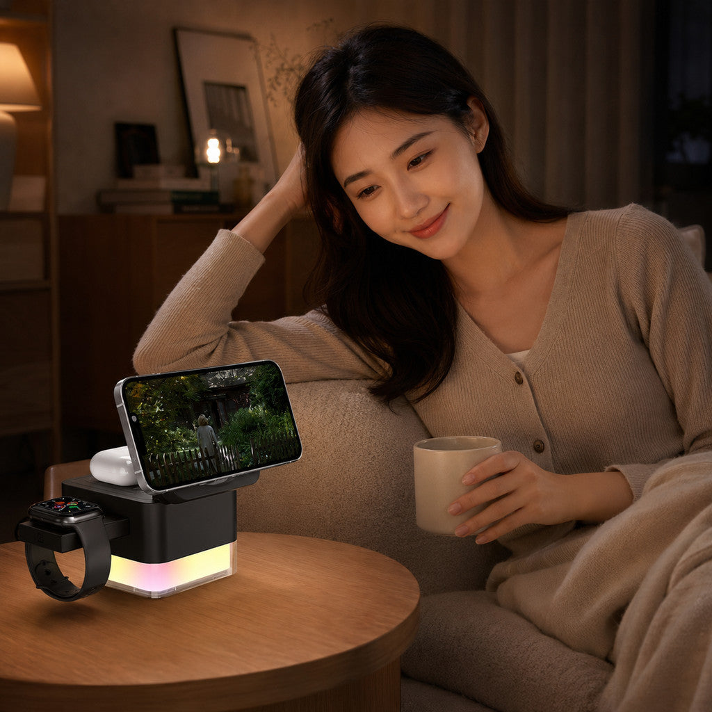 Đế Sạc Magsafe 3 Trong 1 15W Có Led RGB Cho Điện Thoại iPhone Đồng Hồ Apple Watch Tai Nghe Airpods