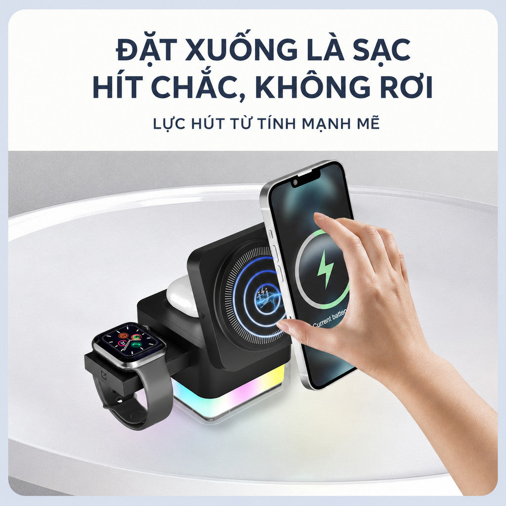 Đế Sạc Magsafe 3 Trong 1 15W Có Led RGB Cho Điện Thoại iPhone Đồng Hồ Apple Watch Tai Nghe Airpods