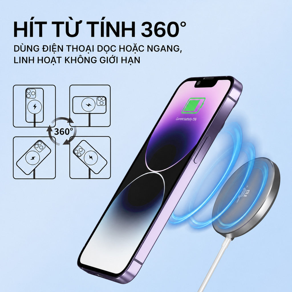 Đế Sạc Không Dây Chuẩn Qi2 Sạc Nhanh 15W Cho Điện Thoại iPhone 17 Pro Max 16 15 14 13 Airpods