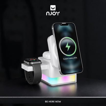 Đế Sạc Magsafe 3 Trong 1 15W Có Led RGB Cho Điện Thoại iPhone Đồng Hồ Apple Watch Tai Nghe Airpods