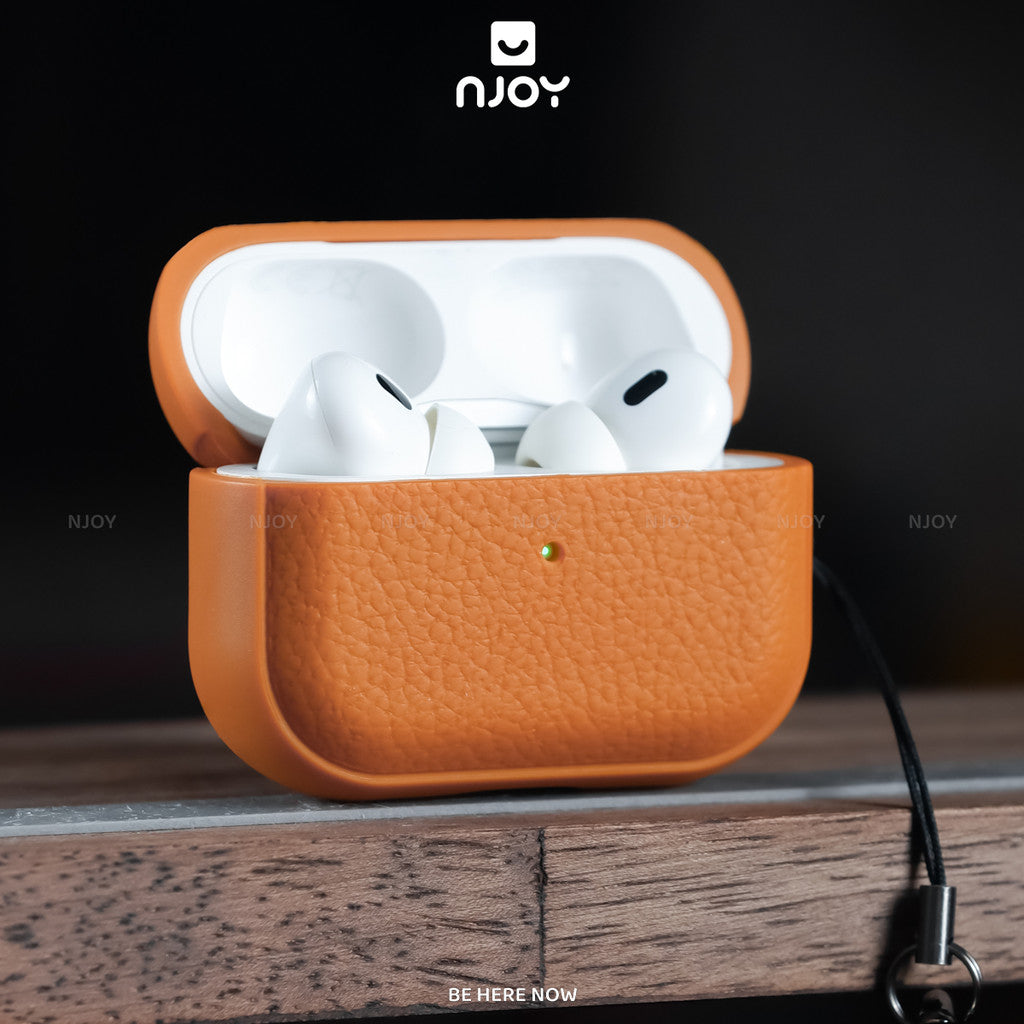 Ốp Da Vân Nổi Cao Cấp Chống Vân Tay Kèm Móc Khoá Cho Tai Nghe Airpods Pro 3 Pro 2 Airpods 4 Njoy