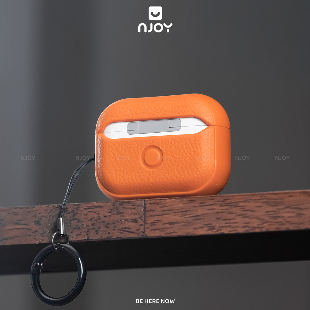 Ốp Da Vân Nổi Cao Cấp Chống Vân Tay Kèm Móc Khoá Cho Tai Nghe Airpods Pro 3 Pro 2 Airpods 4 Njoy